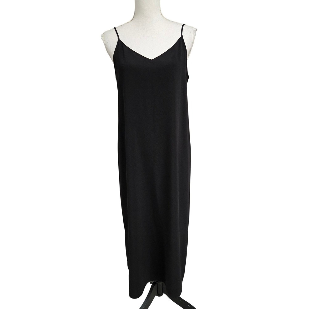 Uniqlo Camisole Midi Dress V-Neck Spaghetti Strap Side Slit Black Women's Size L